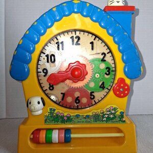 Vintage 1989 Redbox Activity Learning Clock Toddler Toy puppy kitty bell sounds